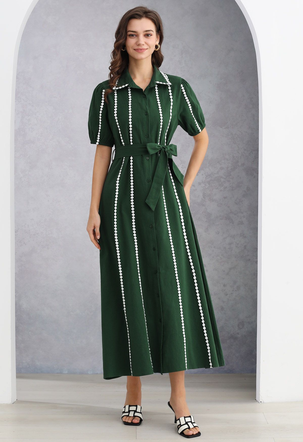 Crochet Stripe Collared Tie-Sash Buttoned Maxi Dress in Dark Green