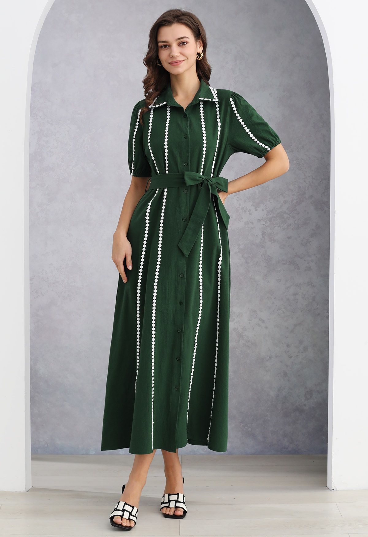 Crochet Stripe Collared Tie-Sash Buttoned Maxi Dress in Dark Green