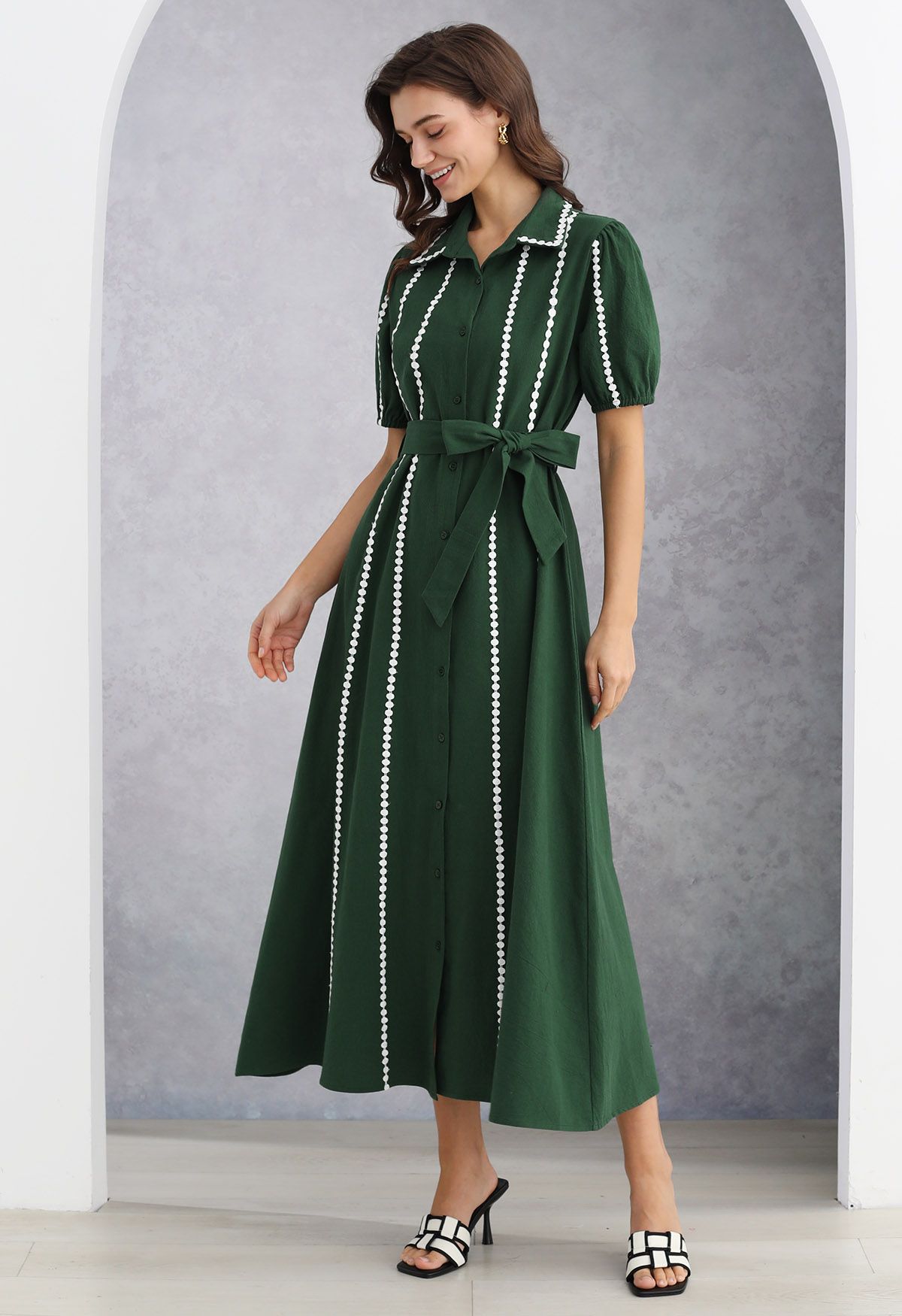 Crochet Stripe Collared Tie-Sash Buttoned Maxi Dress in Dark Green