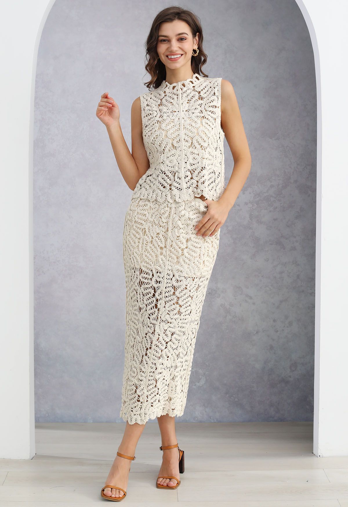 Winding Lace Crochet Back Slit Pencil Skirt