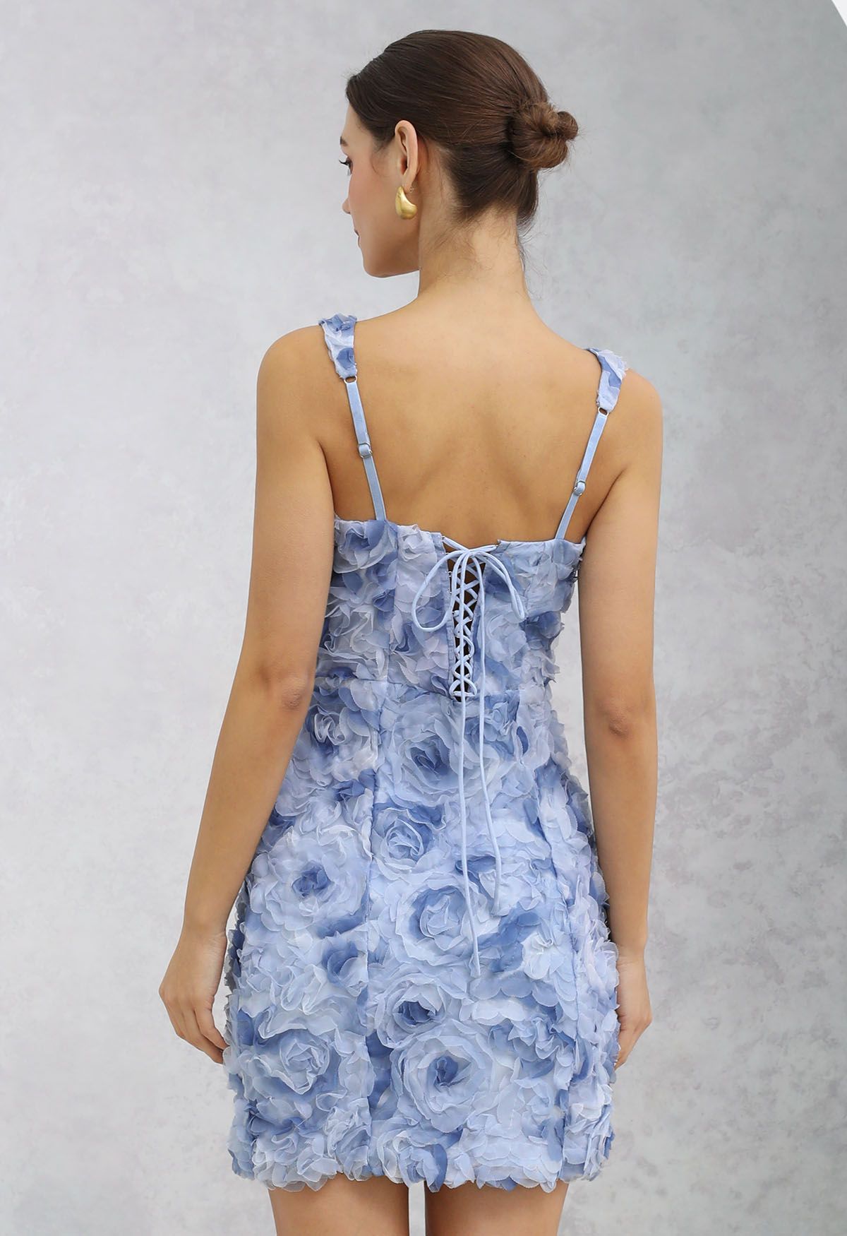 Rose Petal Lace-Up Back Cami Mini Dress in Blue