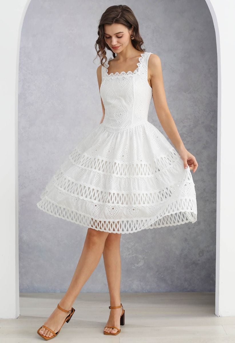 Geometric Eyelet Embroidered Square Neck Sleeveless Dress in White