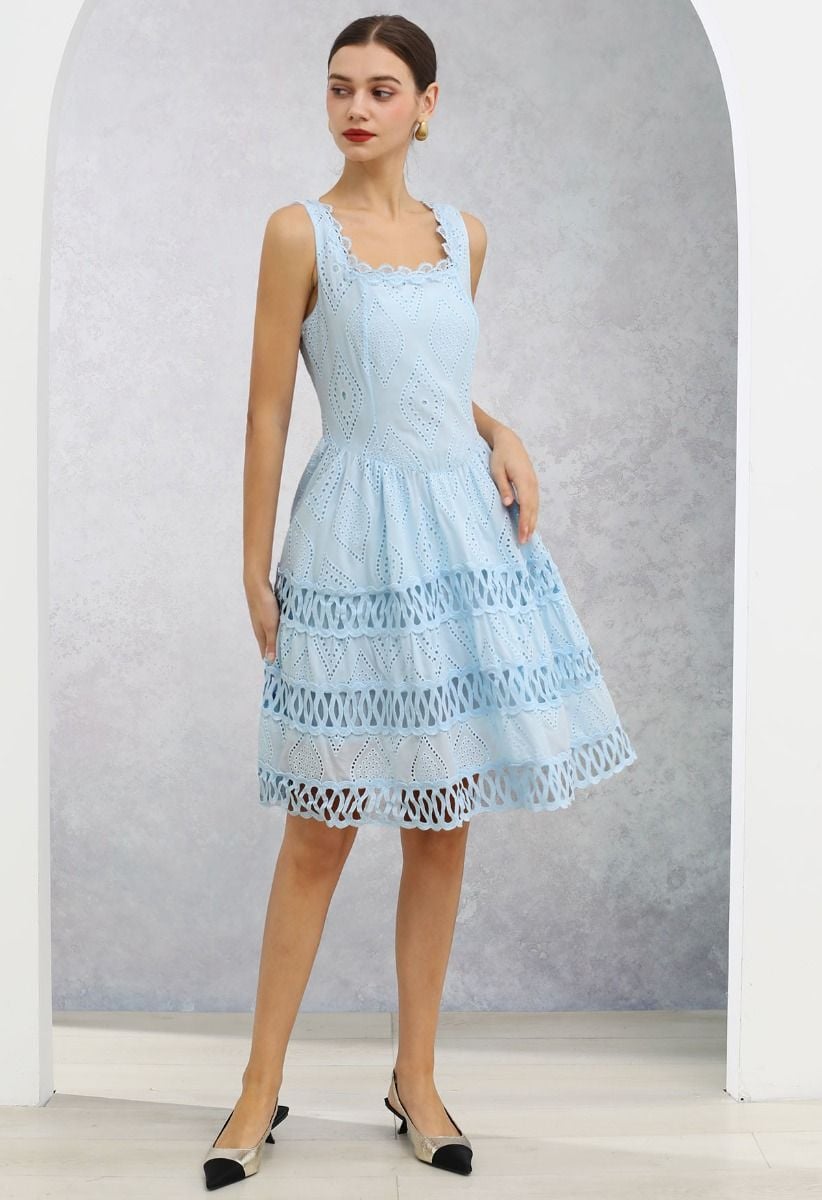 Geometric Eyelet Embroidered Square Neck Sleeveless Dress in Light Blue