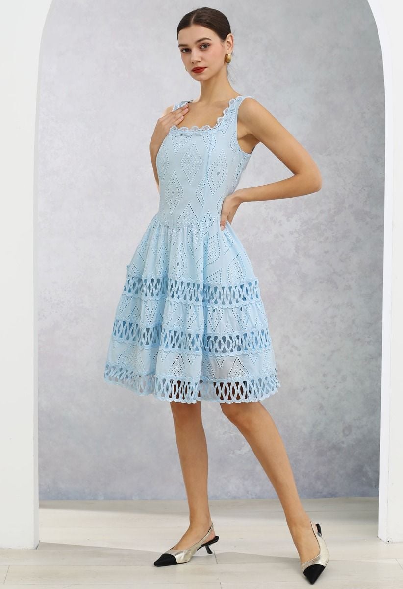 Geometric Eyelet Embroidered Square Neck Sleeveless Dress in Light Blue