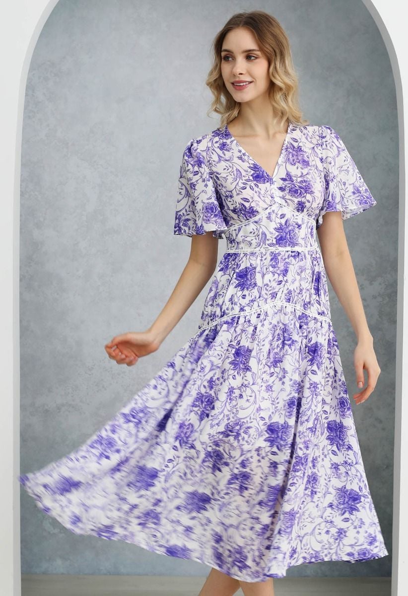 Purple Hues Rose Printed Midi Dress