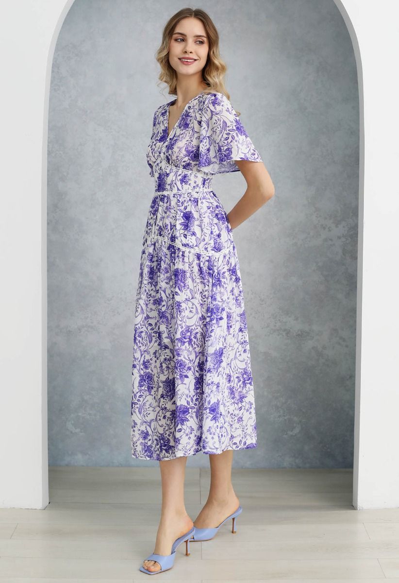 Purple Hues Rose Printed Midi Dress