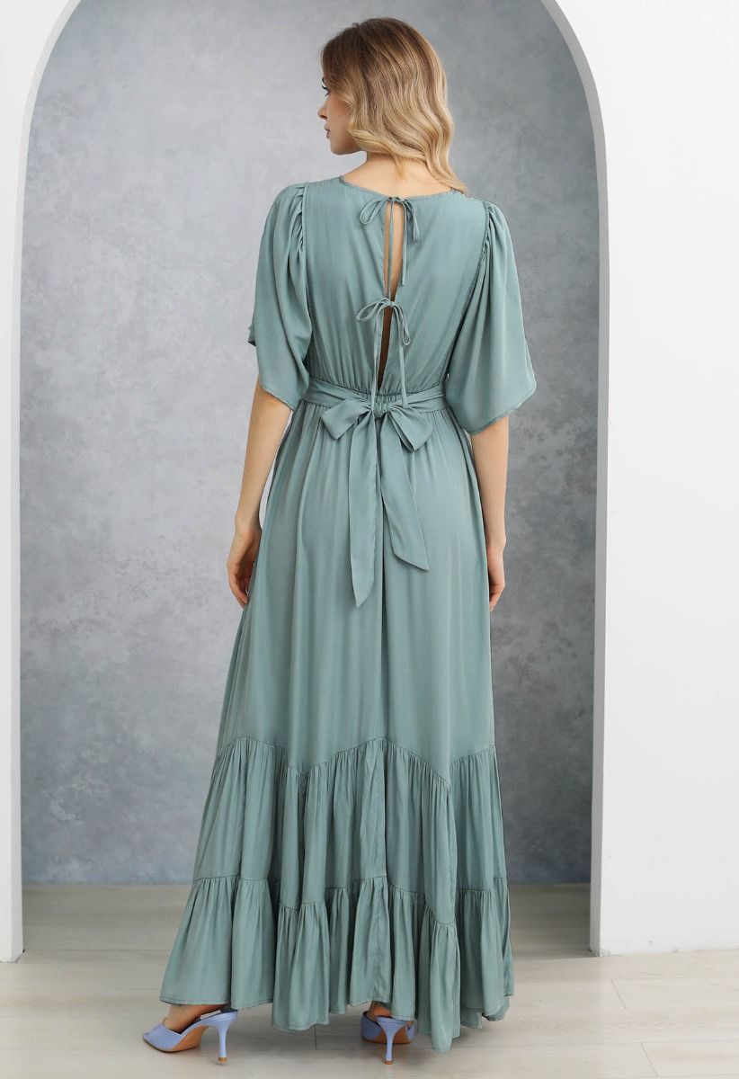 Subtle Romance Deep V-Neck Flutter Sleeve Maxi Dress in Teal