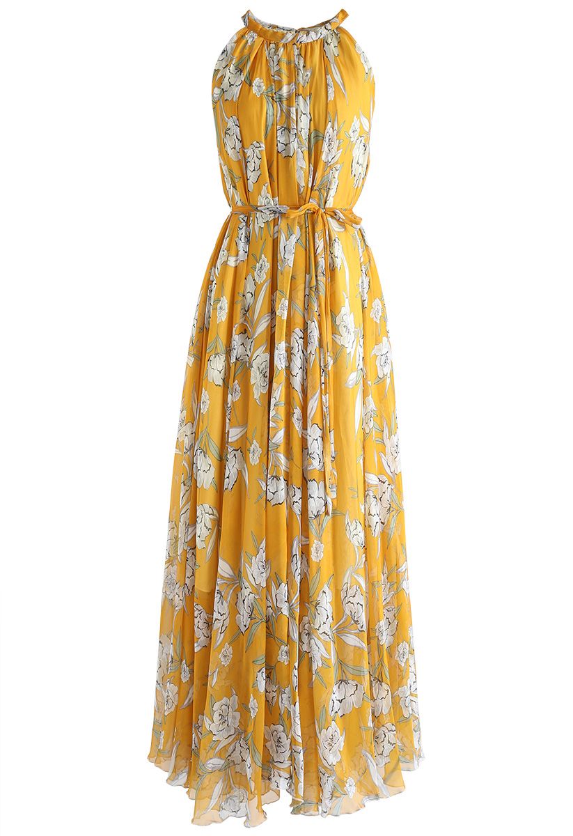 فستان شيفون طويل من Flower Season باللون الأصفر