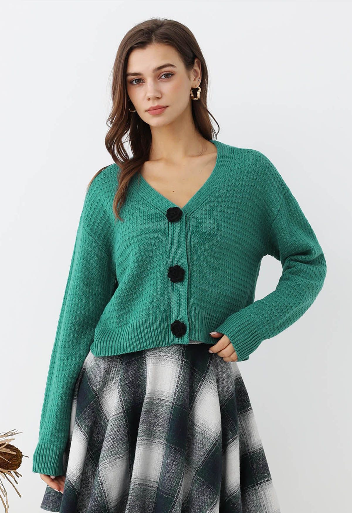 Stitch Rose Buttoned Crop Knit Cardigan in Teal