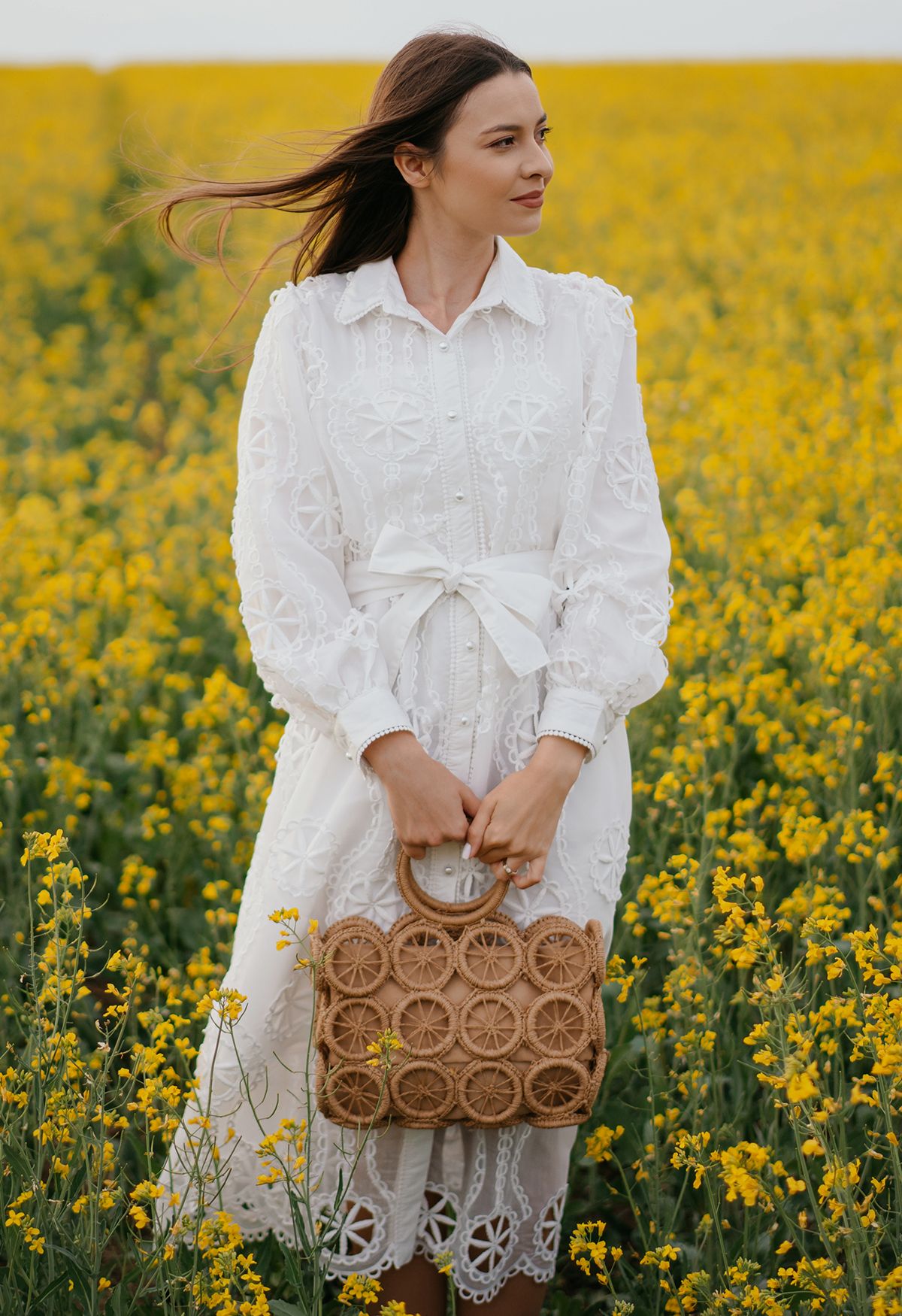 Cutwork Crochet Button Down Midi Dress in White