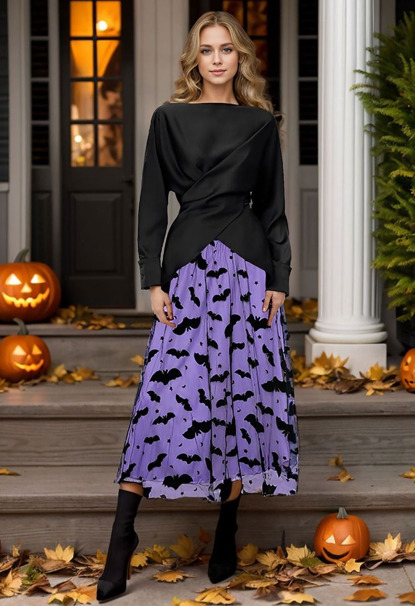 Velvet Bats Mesh Tulle Midi Skirt in Purple