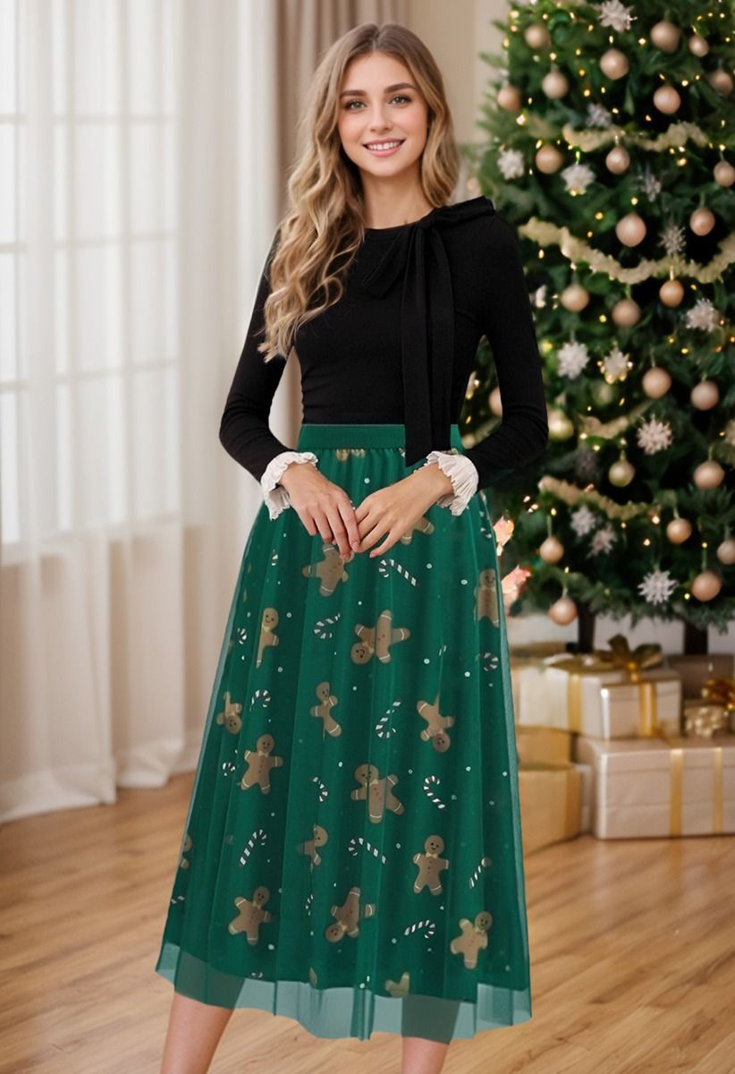 Merry Gingerbread Man Mesh Tulle Midi Skirt