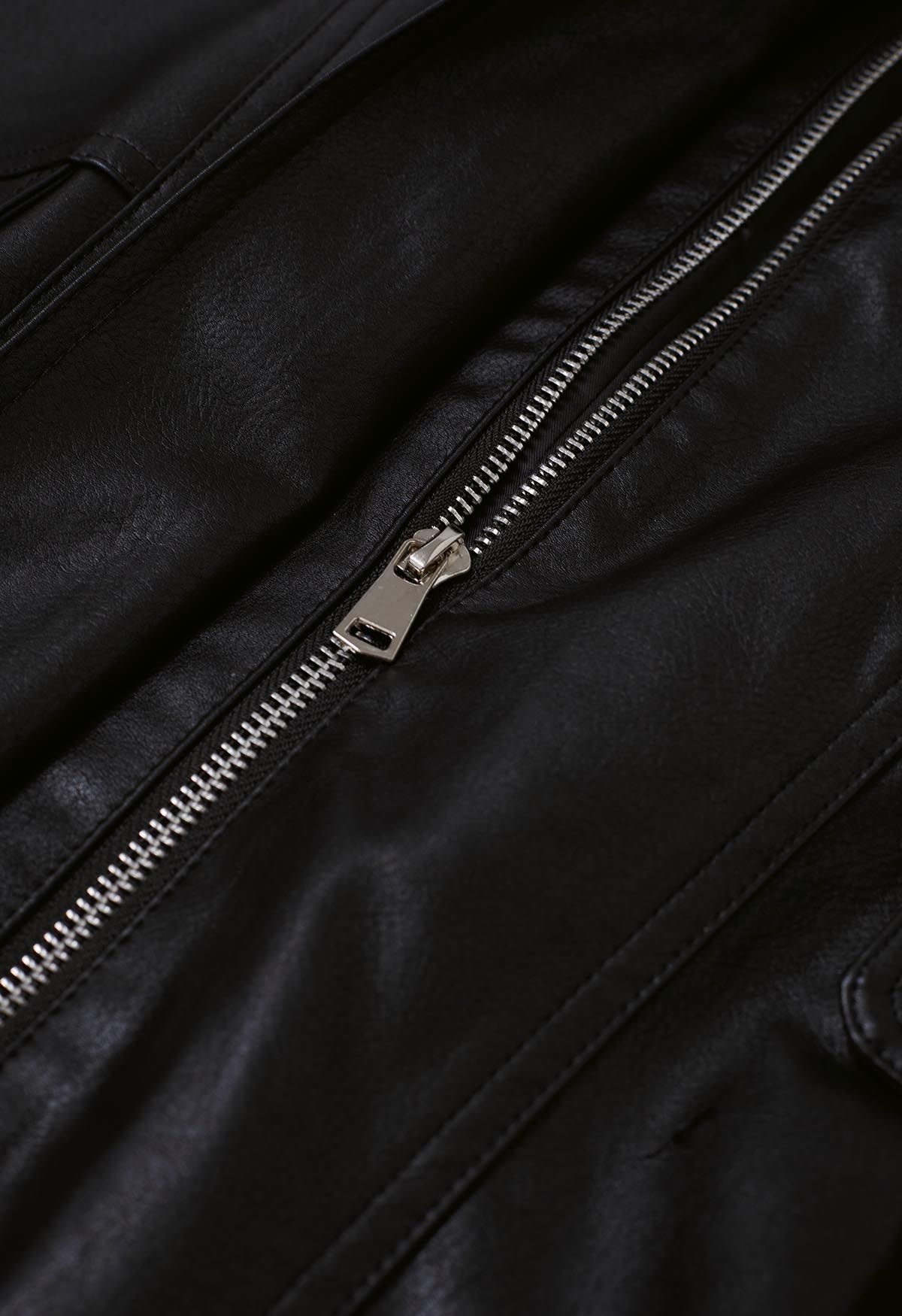 Fake Flap Pocket Faux Leather Jacket in Black