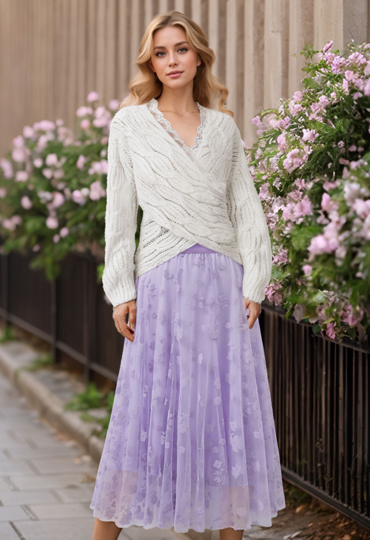 3D Posy Double-Layered Mesh Midi Skirt in Lavender