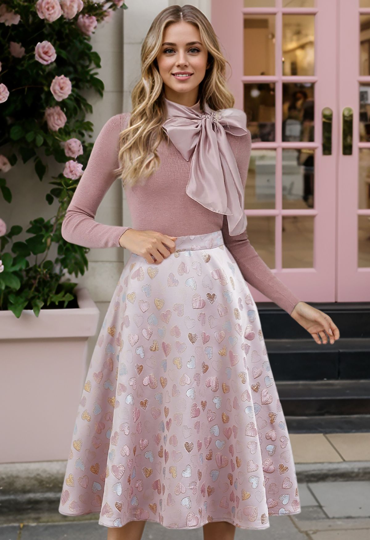 Sweet Love Glittering Jacquard Flare Midi Skirt