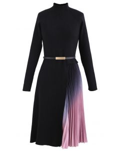 فستان منسوج بحزام ذو ثنيات متدرجة باللون الأسود