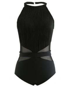ملابس السباحة Pintuck Decor Mesh Spliced باللون الأسود