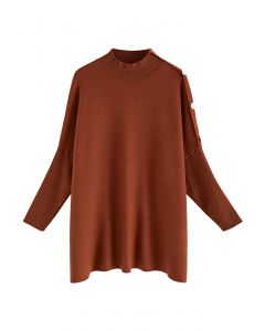 Side Buttoned Flap High Neck Knit Poncho in Caramel