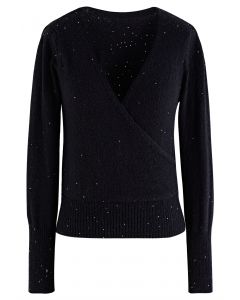 Lightweight Sequins Wrapped Knit Top in Black