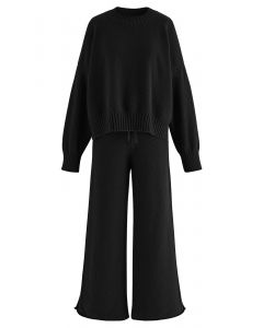 Waffle Knit Hi-Lo Sweater and Wide Leg Pants Set in Black