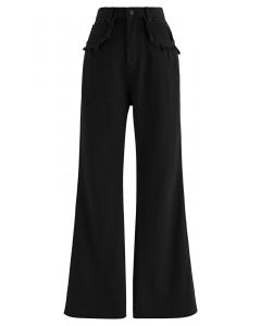 Classic Pocket Frayed Detail Flare Jeans in Black