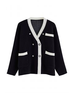 Double-Breasted Contrast Color Cardigan in Black