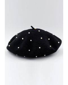 Handmade Pearl Wool Blend Beret Hat in Black