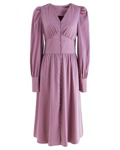 Puff Sleeves Button Up Satin Midi Dress in Lilac