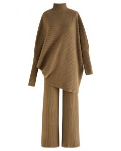 Asymmetric Batwing Sleeve Sweater and Pants Knit Set in Caramel