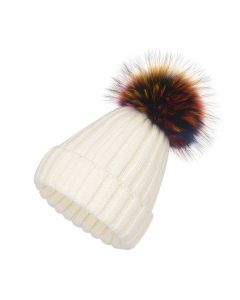 Colorful Pom-Pom Trim Beanie Hat in White