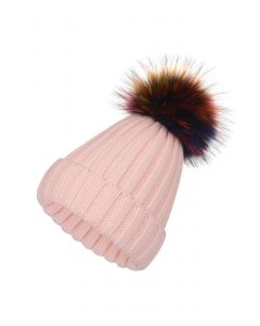 Colorful Pom-Pom Trim Beanie Hat in Pink