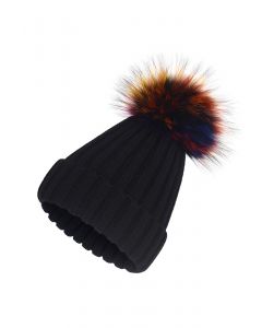 Colorful Pom-Pom Trim Beanie Hat in Black