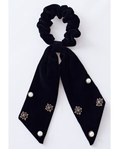 Velvet Bowknot Pearl Diamond Scrunchie in Black