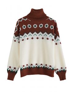 Turtleneck Color Block Mosaic Knit Sweater in Rust Red