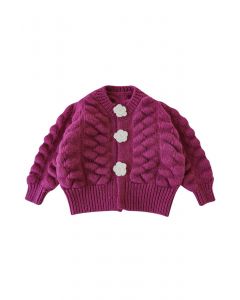 Kids Flowers Button Down Embossed Bubble Sleeves Cardigan in Magenta