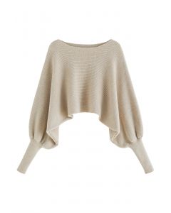 Exaggerated Bubble Sleeve Boat Neck Knit Top in Oatmeal