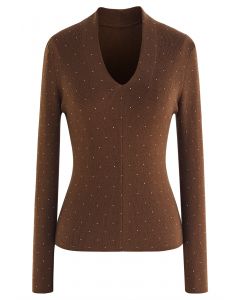 Scattered Crystal Ribbed Knit Fitted Top in Brown