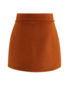 Fringe Trim Tweed Mini Bud Skirt in Orange