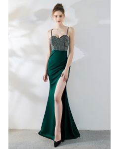 Crystal Embellished High Slit Satin Gown in Emerald