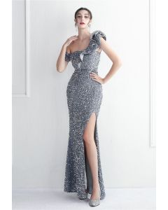Tiered Ruffle One Shoulder Sequin Slit Gown in Grey