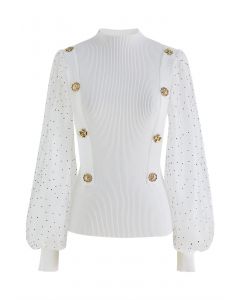 Spliced Dotted Sleeves Buttoned Knit Top in White