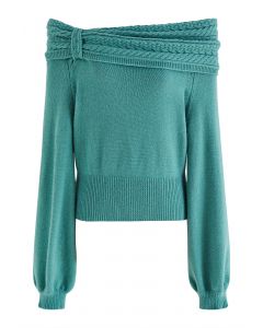 Braided Flap Off-Shoulder Knit Top in Turquoise