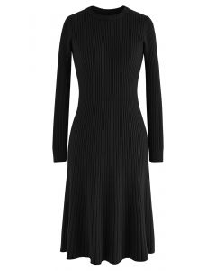 Ribbed Texture Frilling Midi Dress in Black