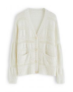 Button Down Openwork Knit Cardigan in Ivory