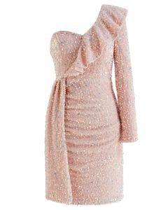 فستان كوكتيل مزين بالترتر بكتف واحد وكشكش باللون الوردي