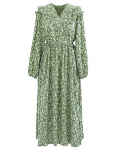 فستان متوسط الطول بطبعة زهور وفتحة رقبة على شكل V باللون الأخضر