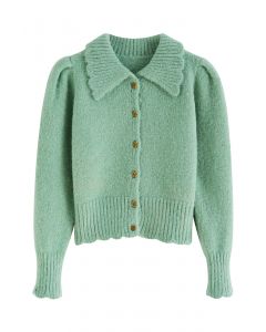 Retro Rose Buttons Scalloped Collar Knit Cardigan in Green