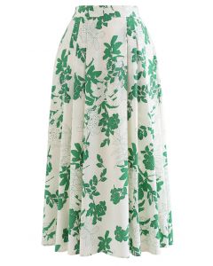 تنورة قطنية متوسطة الطول بجيب جانبي بنقشة زهور خضراء