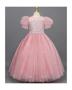 فستان تول لامع مزين بالترتر باللون الوردي للأطفال
