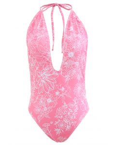 الأزهار رسم ملابس السباحة مفتوحة الظهر باللون الوردي